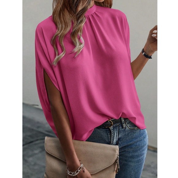 Pink Casual Top, Blouse Stand Collar Tie Back Half Sleeve - Picture 2 of 6